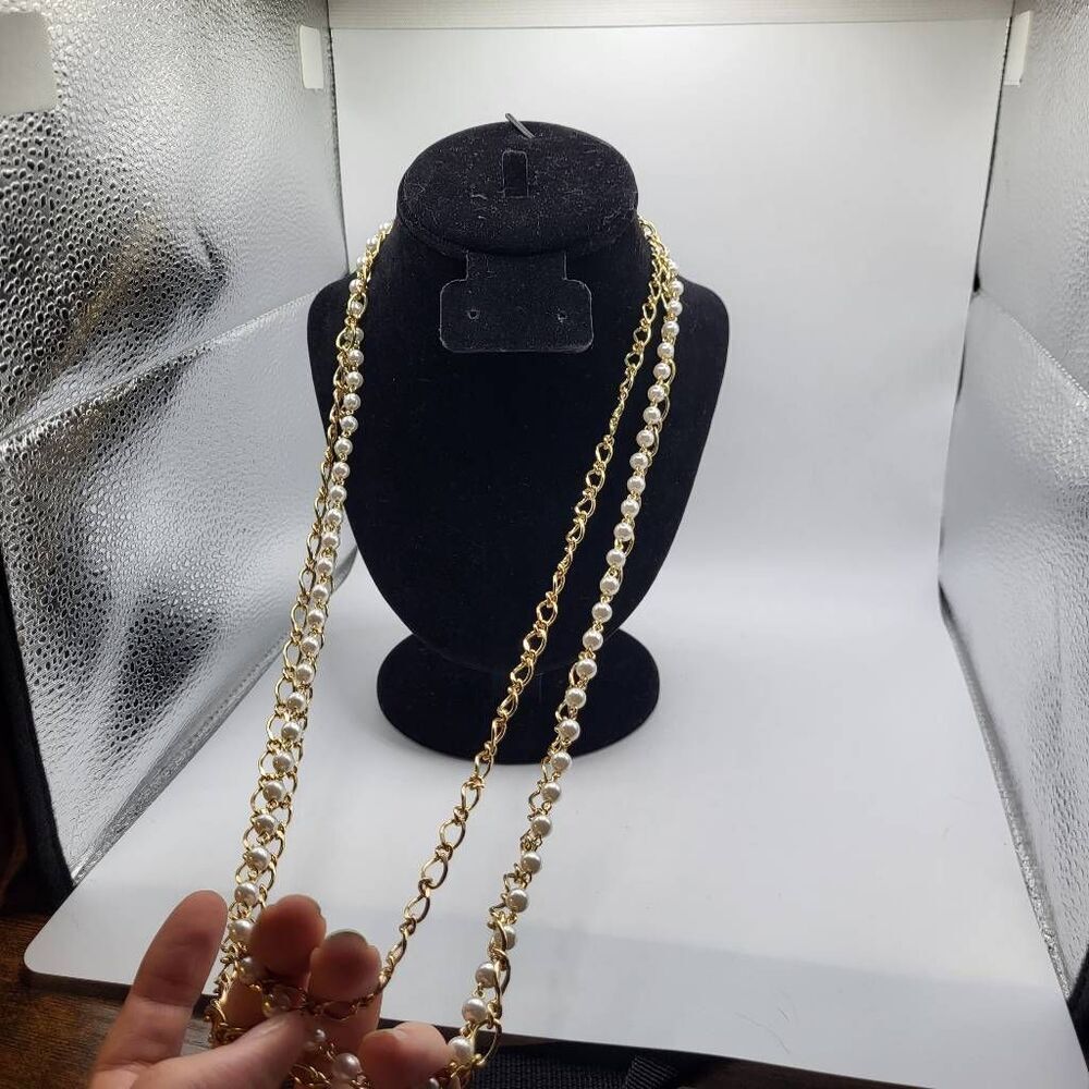 Vintageโ80s 3 Strand Long Faux Pearl Necklace and Chains - 30"